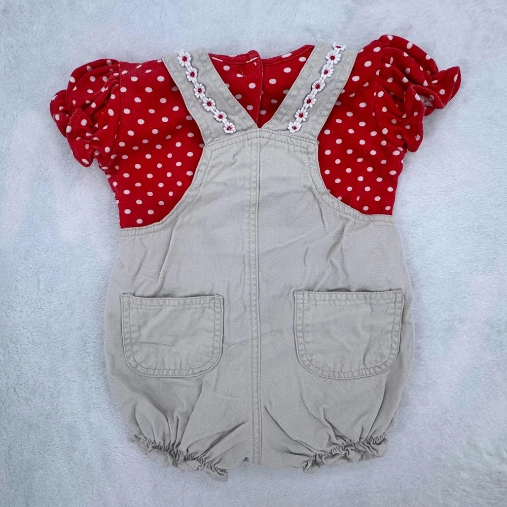 Vtg Cradle Togs Baby Girl Polka Dot Bodysuit & Tan Floral Overall Set Size 12M